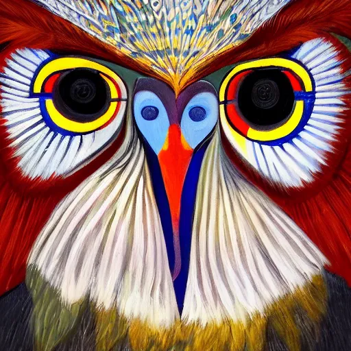 Prompt: Intricate five star Owl Shaman facial portrait by Pablo Picasso, oil on canvas, Feather Texture, high detail, matte finish, high contrast, 3d depth, masterpiece, vivid colors, artstationhd