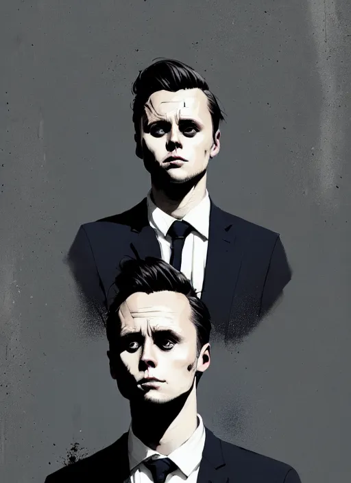 Image similar to highly detailed closeup portrait of martin wallstrom, tyrell wellick, slick back hair wearing suit by atey ghailan, by greg rutkowski, by greg tocchini, by james gilleard, by joe fenton, by kaethe butcher, gradient blue, black and white color scheme, grunge aesthetic!!! ( ( graffiti tag wall background ) )