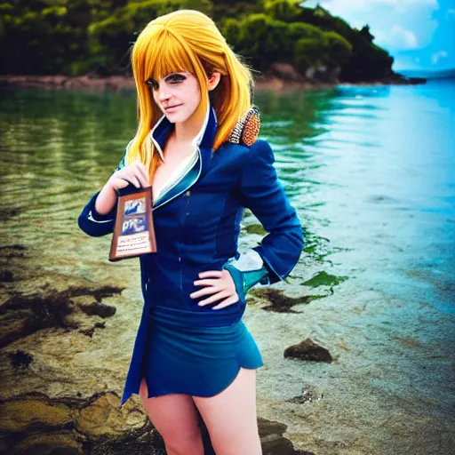 Prompt: a full body photo of emma watson as nami from one piece, award winning photography, 50 mm.