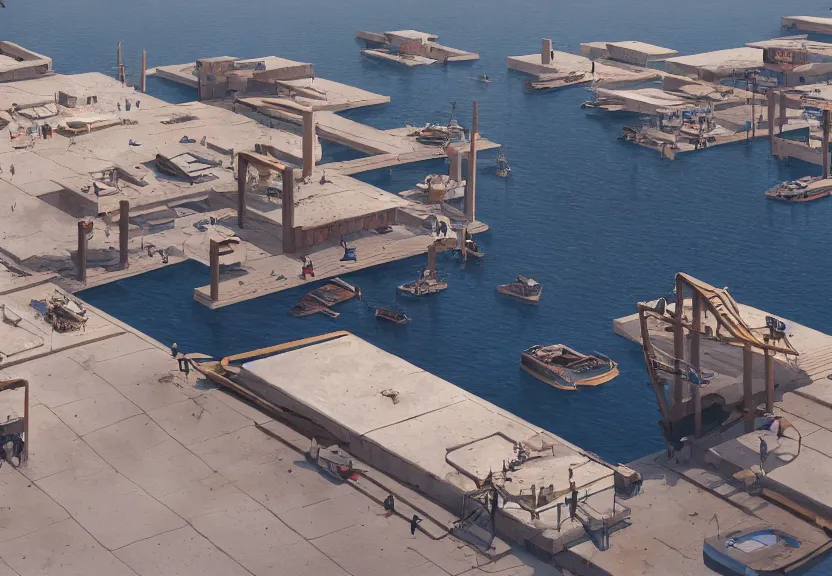 Prompt: a modern harbor with a concrete dock and a storage facility, summer season, very hot, dry desert, large sun, architecture, a realistic digital painting by greg rutkowski and james gurney, trending on artstation, highly detailed