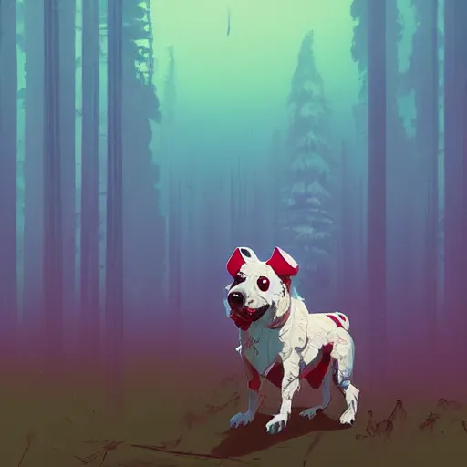 Image similar to white grungy dog standing in a cedar forest, by anton fadeev and simon stalenhag, trending on art station