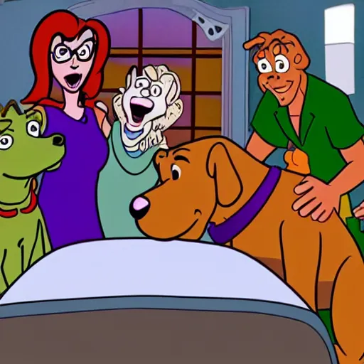 Image similar to scooby - doo on deathbed, freinds and family surround him with love, shaggy holding his paw, uplifting, hospice, hannah barbera, animated tv show