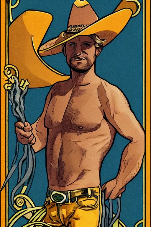 Prompt: tarot card of a shirtless cowboy, dad bod, homoerotic, art deco, art nouveau, trending on artstation