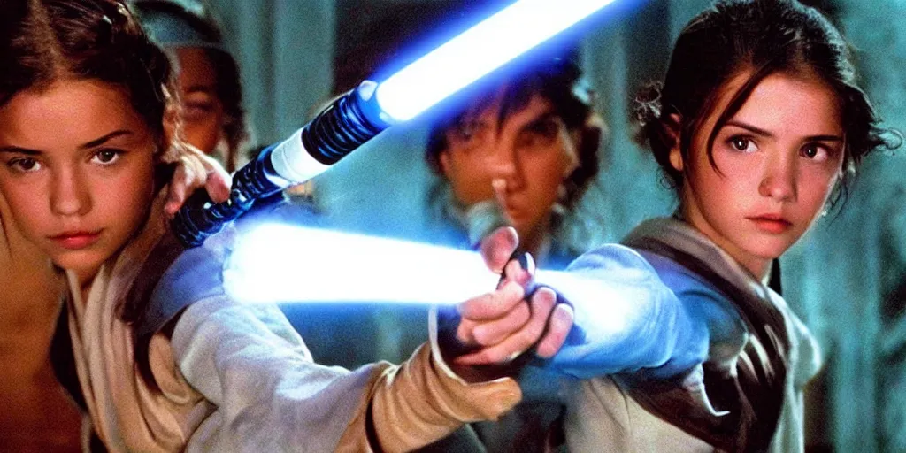 Image similar to a full color still of a teen brunette Jedi padawan holding a lightsaber hilt during a sci-fi battle, cinematic lighting, 1999, directed by Steven Spielberg, 35mm