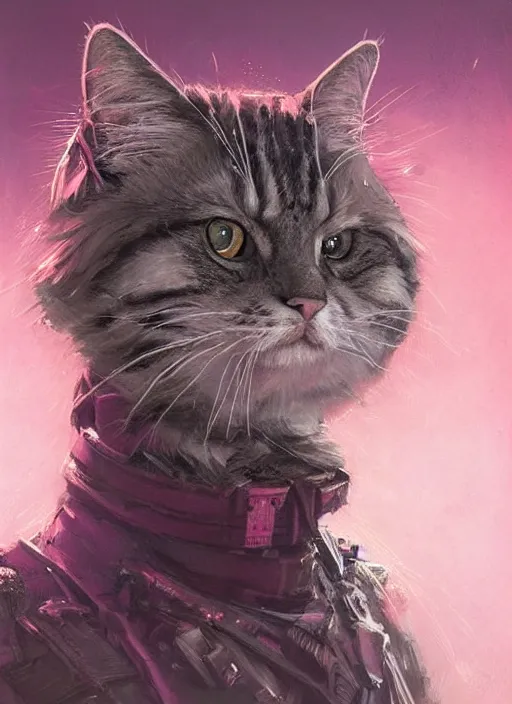 Prompt: a portrait of a futuristic british longhair cat soldier in war scene, pink vibe, hyper realistic, concept art, intricate, hyper detailed, smooth, vibrant, by greg rutkowski