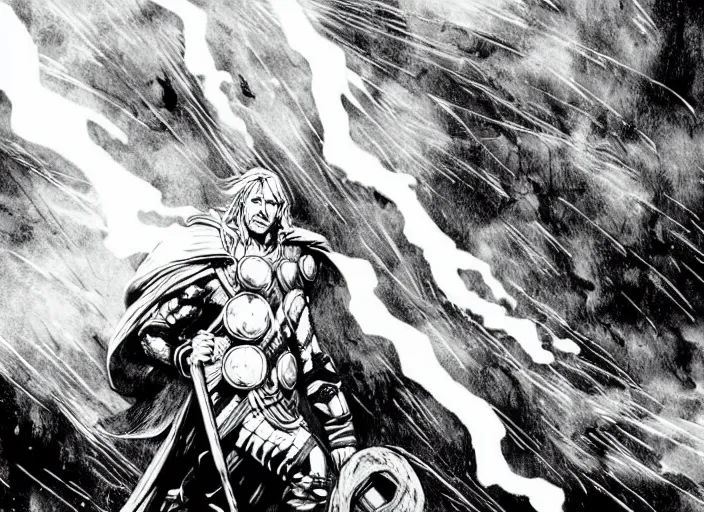 Prompt: thor with blond hair catches lightning and holds an ax in an epic battle with storm clouds with faces monsters by tsutomu nihei, black and white, epic battle background, comic, cinematic