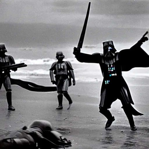 Image similar to a world war 2 award winning photo of darth vader storming the beach