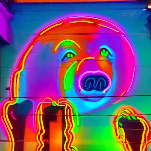 Prompt: neon art mural with portrait and a bear