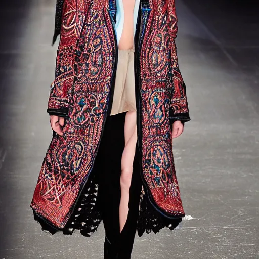 Image similar to fashion 2 0 5 0 fantastic openwork long coat with intricate pattern on a beautiful symmetrical girl with blue hair, hyper realistic photos