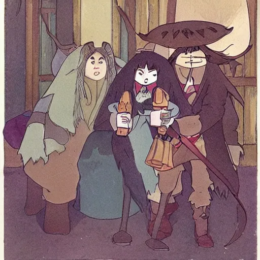 Prompt: anthropomorphic minks dressed as humans playing D&D, cartoon style, studio ghibli, mucha