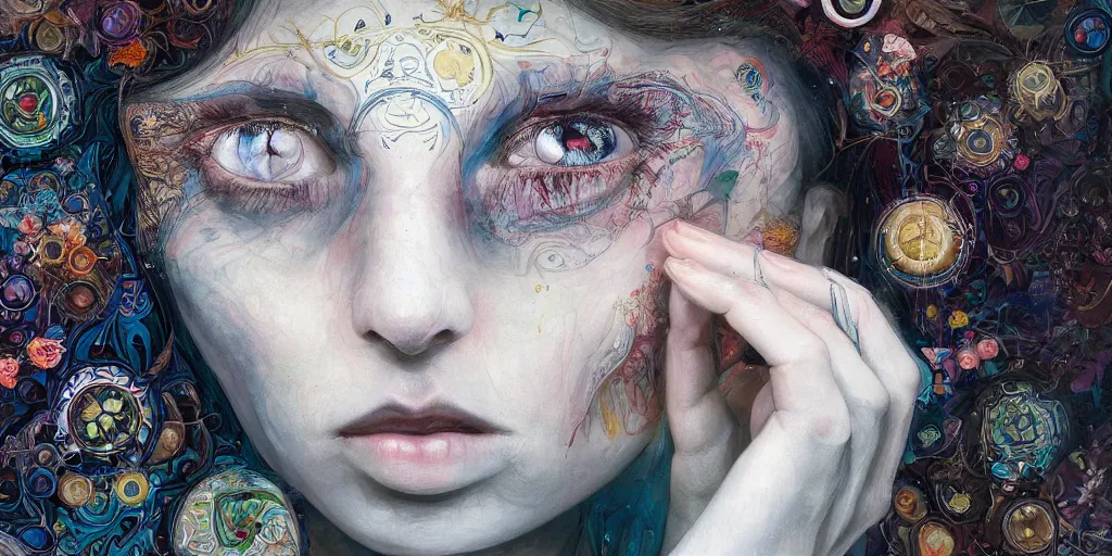 Image similar to full view portrait of a pale gypsy woman crying, in the style of jin kagetsu and james jean, background by beatriz milhazes, highly detailed, big glowing eyes, face symmetry, masterpiece, sharp focus, realistic intricate concept art, dramatic lighting, 8 k