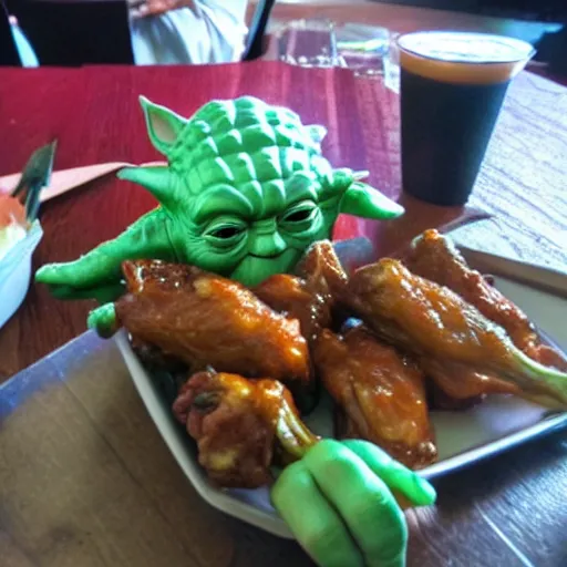 Image similar to yoda eating chicken wings