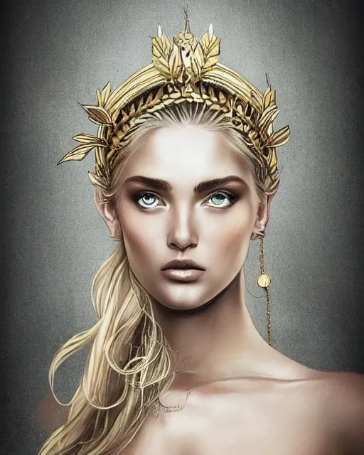 Image similar to tattoo sketch of beautiful super model aphrodite greek goddess wearing a gold laurel wreath and triangle earrings, beautiful piercing gaze with sharp pupils, beautiful blonde hair, in the style of greg rutkowski, fantasy, amazing detail, epic, elegant, smooth, sharp focus, front view