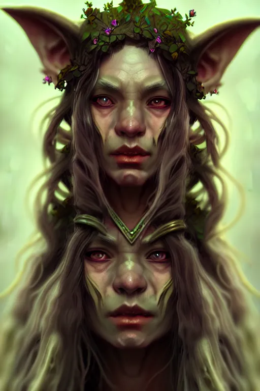 Prompt: beautiful goblin druid portrait, highly detailed, digital painting, artstation, sharp focus, illustration, art by tan zi and ayanamikodon and alphonse mucha and wlop