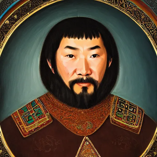 Image similar to a stunning and noble highly detailed romantic period style portrait of Genghis Khan by Josep Tapiró Baró, trending on artstation, oil painting masterpiece, symmetry, fractals, Mongolian iconography