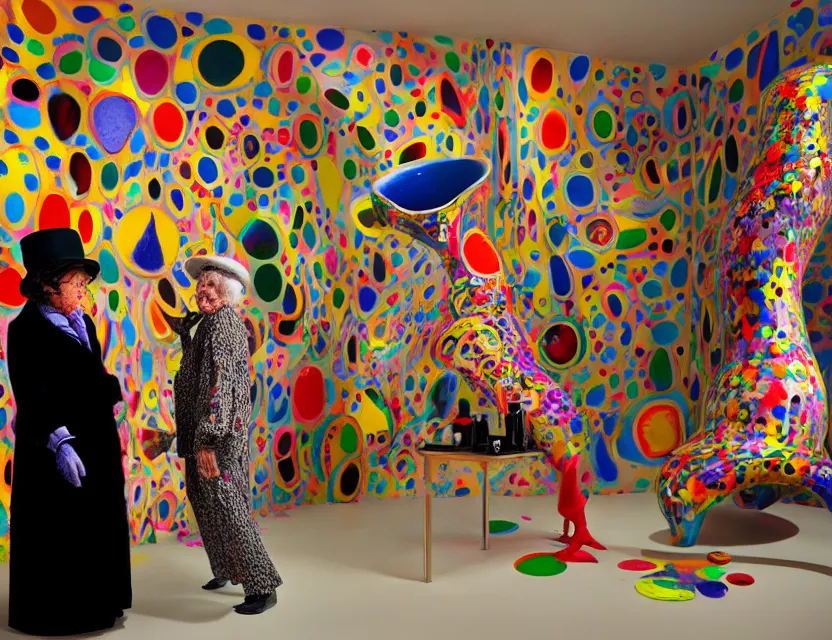 Image similar to a colorful installation sculpture artwork of a old and strange dusty professor in black suite and hat and a old woman making a study of drinking 1 0 cups of black coffee in 5 seconds in a kitchen that is melting, styled by niki de saint phalle and fernando botero