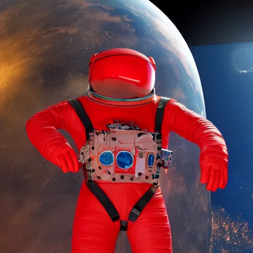 Image similar to a ( ( red suit ) ) astronaut shaped like a bean with a blue visor 4 k