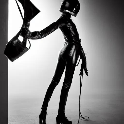 Image similar to fashion photography of an extraterrestrial model, holding a leather whip, wearing demobaza fashion, inside berghain, berlin fashion, harness, futuristic fashion, dark minimal outfit, photo 3 5 mm leica, hyperdetail, berghain, 8 k, very detailed, photo by nick knight