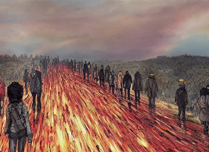 Prompt: an oil painting of a line of people walking into the distance, fire on the horizon, by marc simonette and alexander jansson, junji ito, concept art