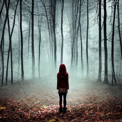 Prompt: A young woman stands in the middle of a dark and eerie forest, her heart racing as she hears the sound of twigs snapping, leaves rustling, and something watching her from the shadows.