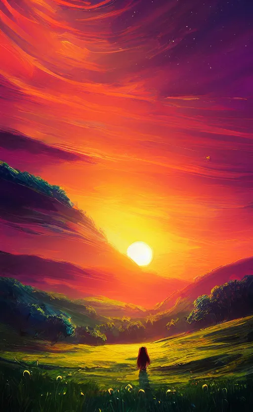 Image similar to a beautiful illustration of the shire at sunset, art of alena aenami, featured on artstation, vertical orientation, paint brush strokes, expressionism, brushstroke - laden, breathtaking clouds, birds, ocean, beautiful stars, long exposure, big sun radius, airy theme, red purple gradient, lens flare