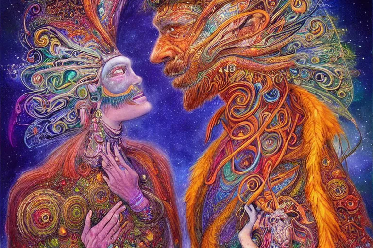 Image similar to two psychedelic shamans intertwined in a cosmic entanglement by Josephine Wall and Daniel Merriam, Artstation