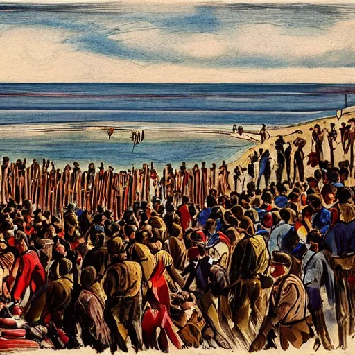 Prompt: This print depicts a scene from the Spanish Civil War, which was a time of great turmoil and strife in Spain. The print shows a group of people on a beach, with the ocean in the background. The people in the print are all different sizes and shapes, and they are all looking in different directions. The print is full of color and movement, and it is very expressive. The print is also very powerful and emotional, and it has a very strong impact on the viewer. Shutterstock by Antoine Blanchard perspective