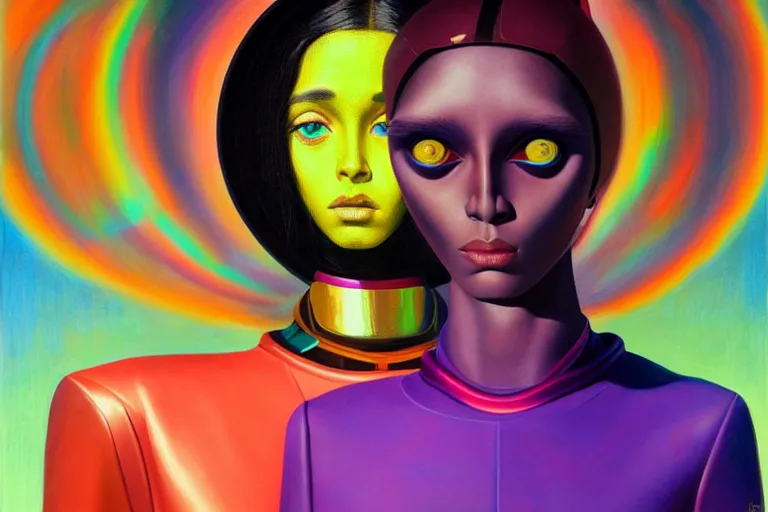 Image similar to patron saint of 🛸🌈👩🏾, futuristic jumpsuit, neon god of city character portrait, in the style of margaret keane, moebius, tom bagshaw, and waterhouse, cinematic lighting, beautiful, elegant, oil painting,