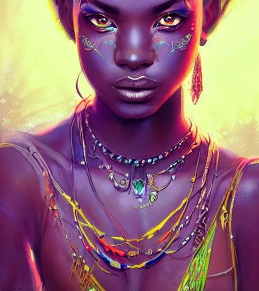 Image similar to beautiful intricate exquisite african princess realistic face, beautiful eyes, neon colors, drawing, in the style of greg rutkowski, fantasy, amazing detail, epic, intricate, elegant, smooth, sharp focus