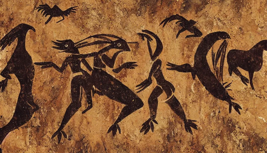 Prompt: neolithic cave painting of patapons fighting a giant bird, 4 k, history channel, psp, japan studio game, art by rolito, high quality