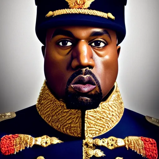 Prompt: kanye west as muammar kadhafi as emperor napoleon, splash art, movie still, detailed face, cinematic lighting, dramatic, octane render, long lens, shallow depth of field, bokeh, anamorphic lens flare, 8 k, hyper detailed, 3 5 mm film grain