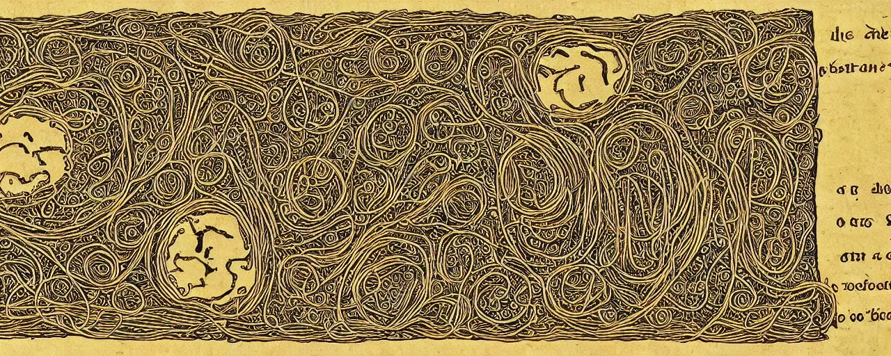 Image similar to ancient book with images of spaghetti, in the style of the popol vuh, fine detail,