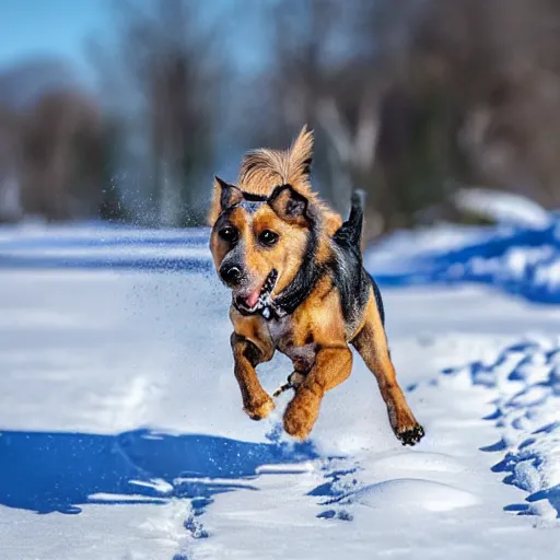 Image similar to Photorealistic photograph of a dog running through the snow, photorealism, photorealistic, realism, real, highly detailed, ultra detailed, detailed, shutter speed 1/1000, 200mm Focal Length, Canon EOS R7