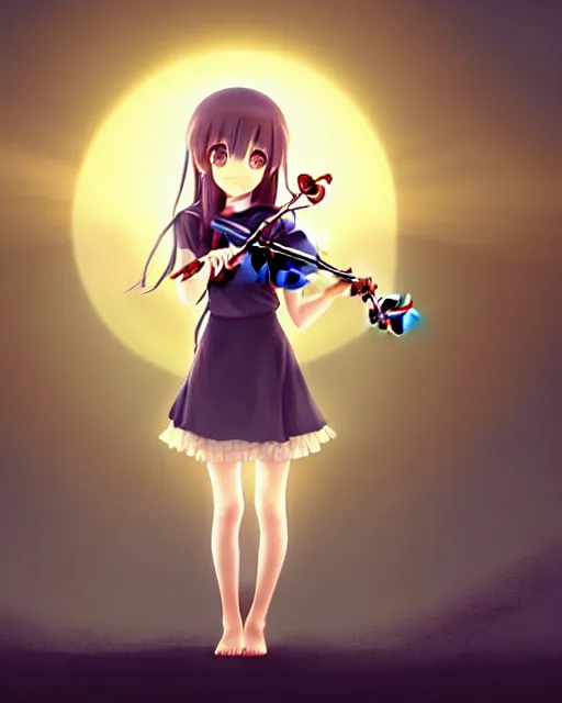 Prompt: anime style, realism, chibi, full body, a cute girl with white skin and golden long wavy hair holding a violin and playing a song, heavenly, stunning, realistic light and shadow effects, happy, centered, landscape shot, happy, simple background, studio ghibly makoto shinkai yuji yamaguchi