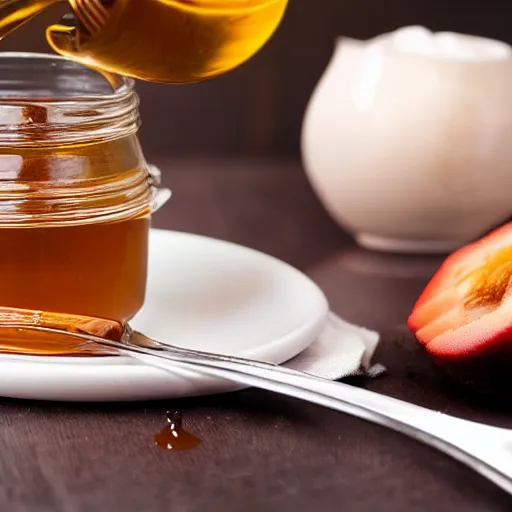 Prompt: honey splashing on fork, hyper realistic, award winning slow - motion food photography