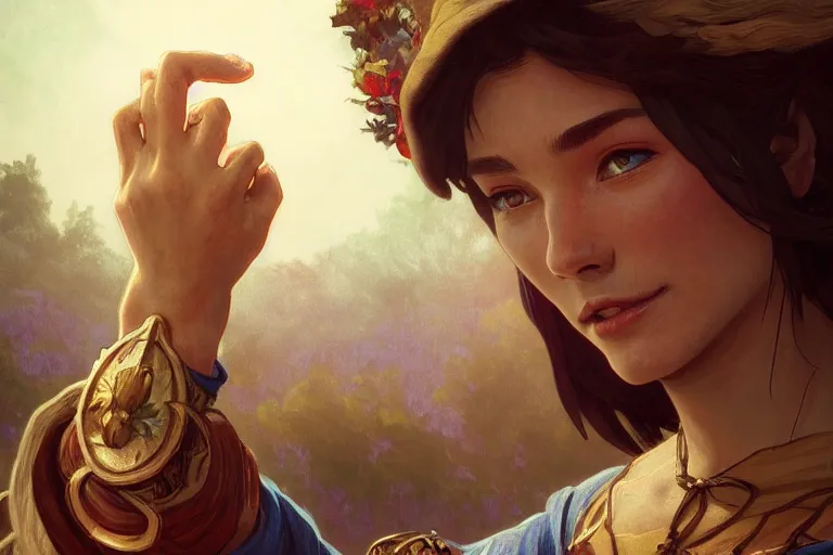 Prompt: a hyperrealistic render of a peasant with a ring, close up, outdoor, art by Artgerm and Greg Rutkowski and Alphonse Mucha, hearthstone art style, epic fantasty card game art, Beautiful dynamic dramatic moody lighting, shadows, cinematic, Octane, 8K