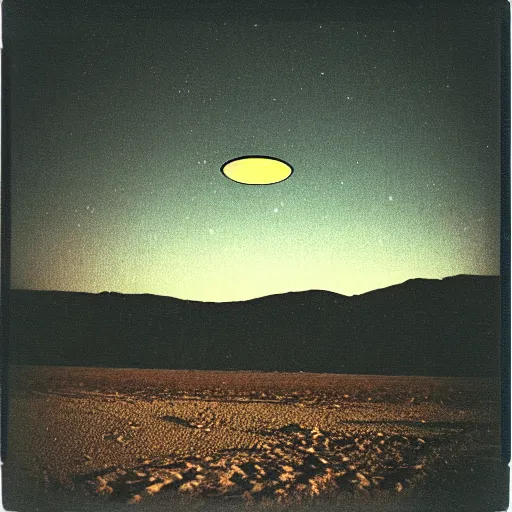 Image similar to a flying saucer over a the desert at night, distant!!, historical photo, old polaroid, expired film,