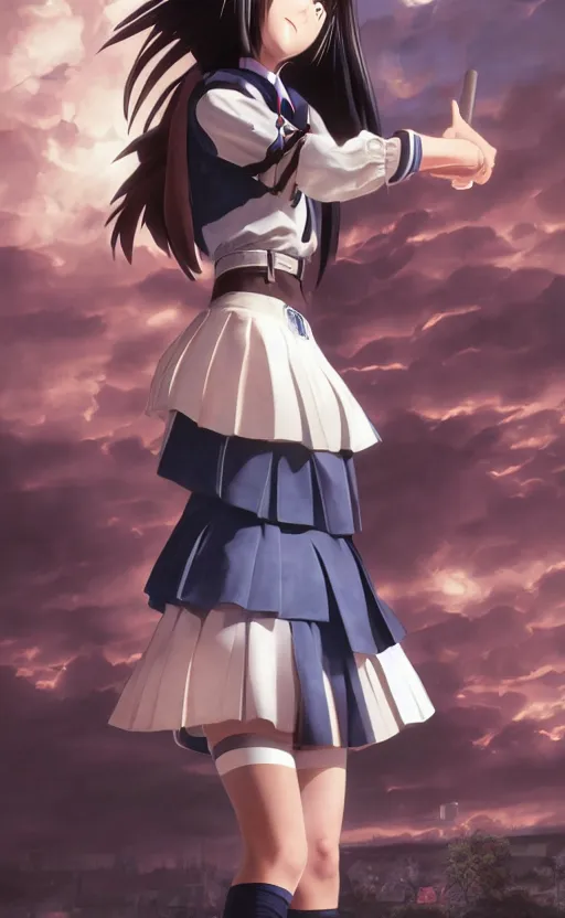 Prompt: school girl, school uniform, seifuku, pleated miniskirt, battle angel alita. by rembrandt 1 6 6 7, illustration, illustrious makinami, volumetric lighting