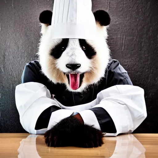 Prompt: A high contrast portrait of a very happy fuzzy panda dressed as a chef in a high end kitchen making dough. There is a painting of flowers on the wall behind him.