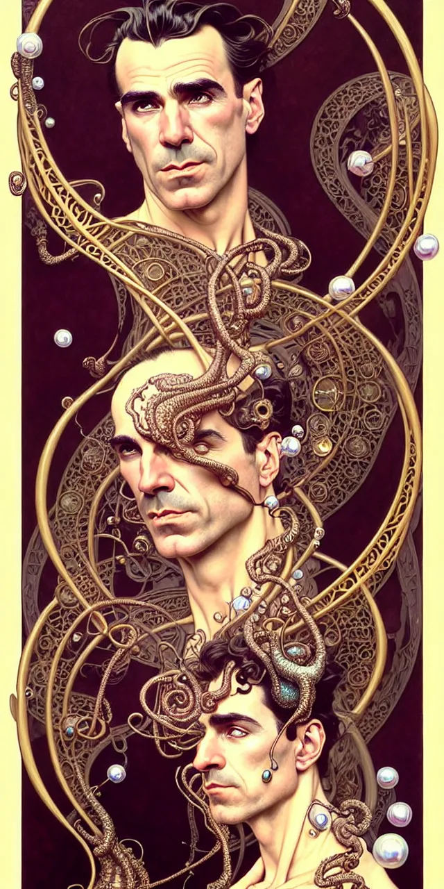 Prompt: handsome daniel day lewis art nouveau fantasy character portrait, ultra realistic, intricate details, the fifth element artifacts, highly detailed by peter mohrbacher, hajime sorayama, wayne barlowe, boris vallejo, aaron horkey, gaston bussiere, craig mullins alphonse mucha, art nouveau curves swirls and spirals, flowers pearls beads crystals jewelry goldchains scattered