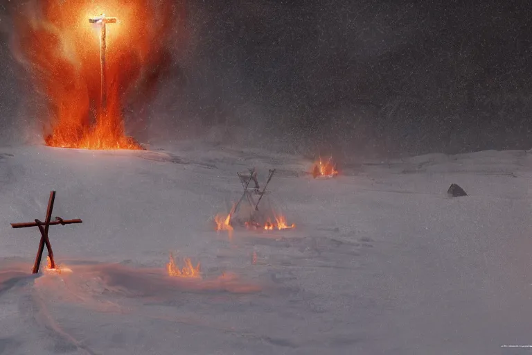 Prompt: a cross set on fire on a snow covered field, painting by pascal blanche, a matte painting by li shida, cgsociety, context art, redshift, matte painting, reimagined by industrial light and magic