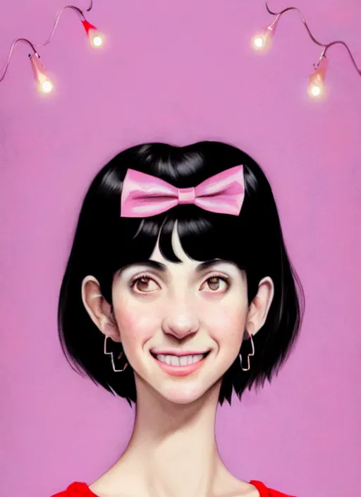 Image similar to portrait of high school girl, realistic, black hair, bangs, half updo hairstyle, pointy nose, skinny, smile, ugly, defined jawline, big chin, pink hair bow, earrings, intricate, elegant, glowing lights, highly detailed, digital painting, artstation, sharp focus, illustration, art by wlop, mars ravelo and greg rutkowski