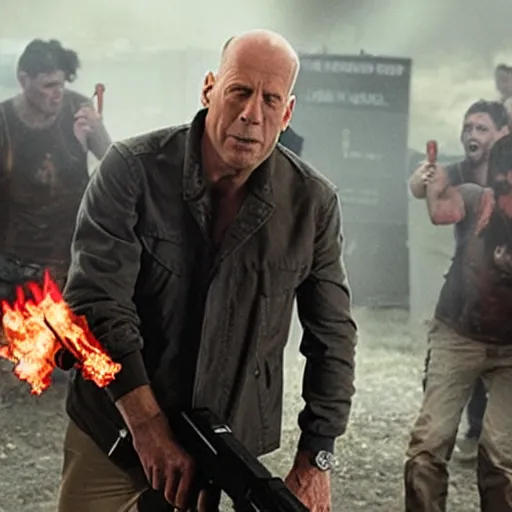 Image similar to Bruce Willis using a flamethrower to fight off a crowd of zombies, promo poster for new movie directed by George Romero