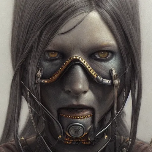 Image similar to a hyperrealistic portrait painting of a beautiful female cyberpunk warrior, by john kenn mortensen, highly detailed,