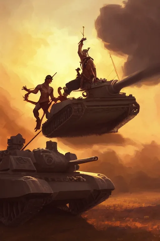 Image similar to a filipino man sitting on a tank holding a scepter and eating popcorn, highly detailed, d & d, fantasy digital painting, trending on artstation, concept art, sharp focus, illustration, global illumination, ray tracing, realistic shaded, art by artgerm and greg rutkowski and fuji choko and viktoria gavrilenko and hoang lap