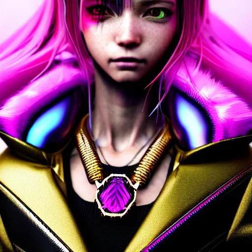 Prompt: hyperdetailed close portrait of a stunningly beautiful pink cyberpunk cute european girl with dark hair made of metals and shiny iridescent gems, dark rainbow nimbus, gold necklace, puffer jacket, inspired by ross tran and masamune shirow and kuvshinov, intricate, photorealistic, octane render, rtx, hdr, unreal engine, dnd digital art by artgerm