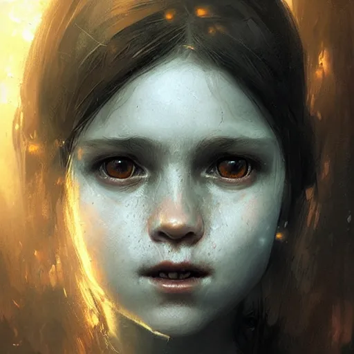 Image similar to Portrait of a small vampire girl, detailed face, fantasy, highly detailed, cinematic lighting, digital art painting by greg rutkowski