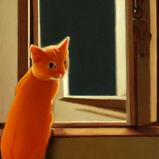 Image similar to a painting of an orange cat staring profoundly into the window, a detailed painting by johannes vermeer, behance, american scene painting, dutch golden age, detailed painting, academic art