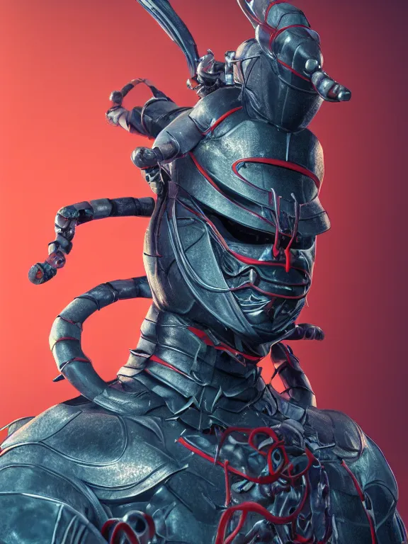 Image similar to full body front view portrait of natural, bio - mechanical ninja samurai, character design, correct anatomy, made in blender, octane render, ray tracing, ultra detailed, fantasy, neon lighting, intricate and highly detailed, coloured with lots of colour, pose, fantasy, sharp focus,