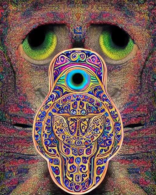 Prompt: hamsa cat with a single cyclops all-seeing eye intricate ceramic sculpture, drippy glazed dripping glaze Turkish Anatolian ceramic, highly detailed large sculpture object, finely hand painted intricate psychedelic op-art glitch patterned black colorful metallic decorative maximalist sculpted balanced, design by Felipe Pantone, isolated on white 8k octane render